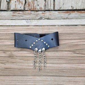 Black Leather Choker with Studs, Chains and a velcro closure 16 inches